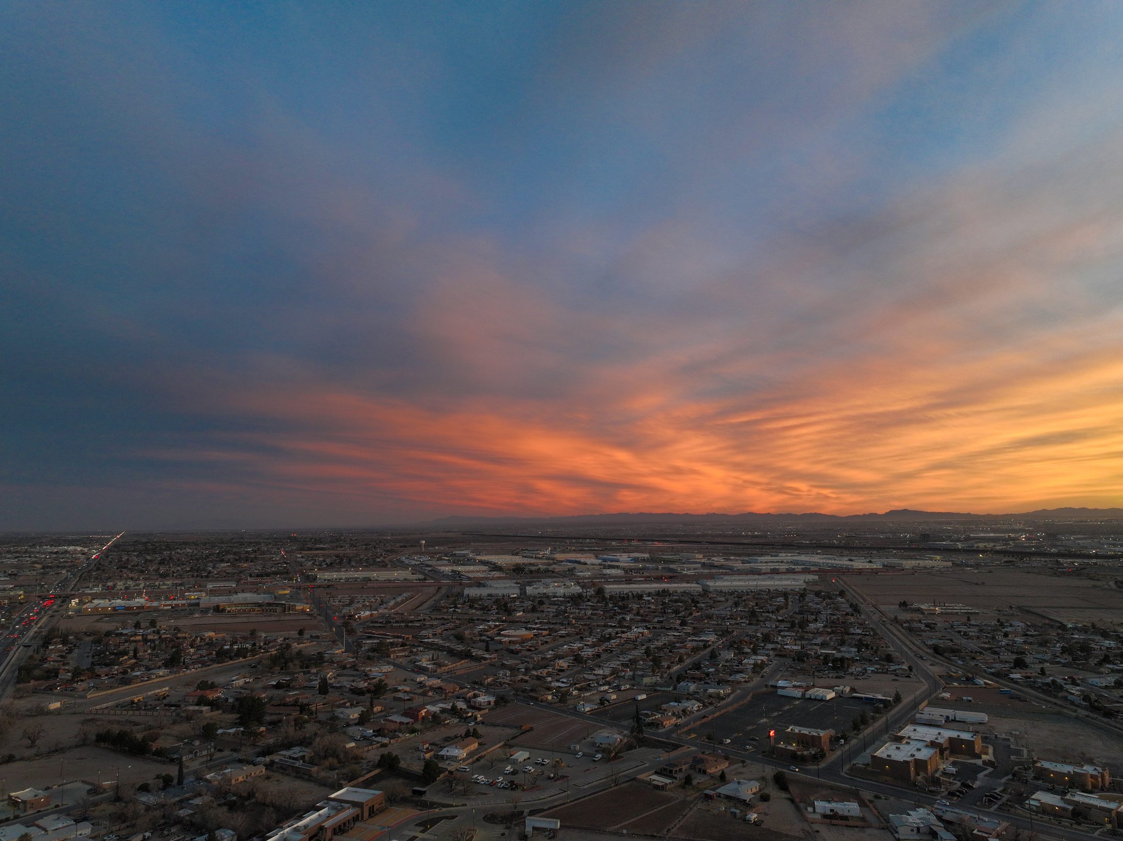 Aerial view of Ysleta del Sur Pueblo at sunset over El Paso, Texas